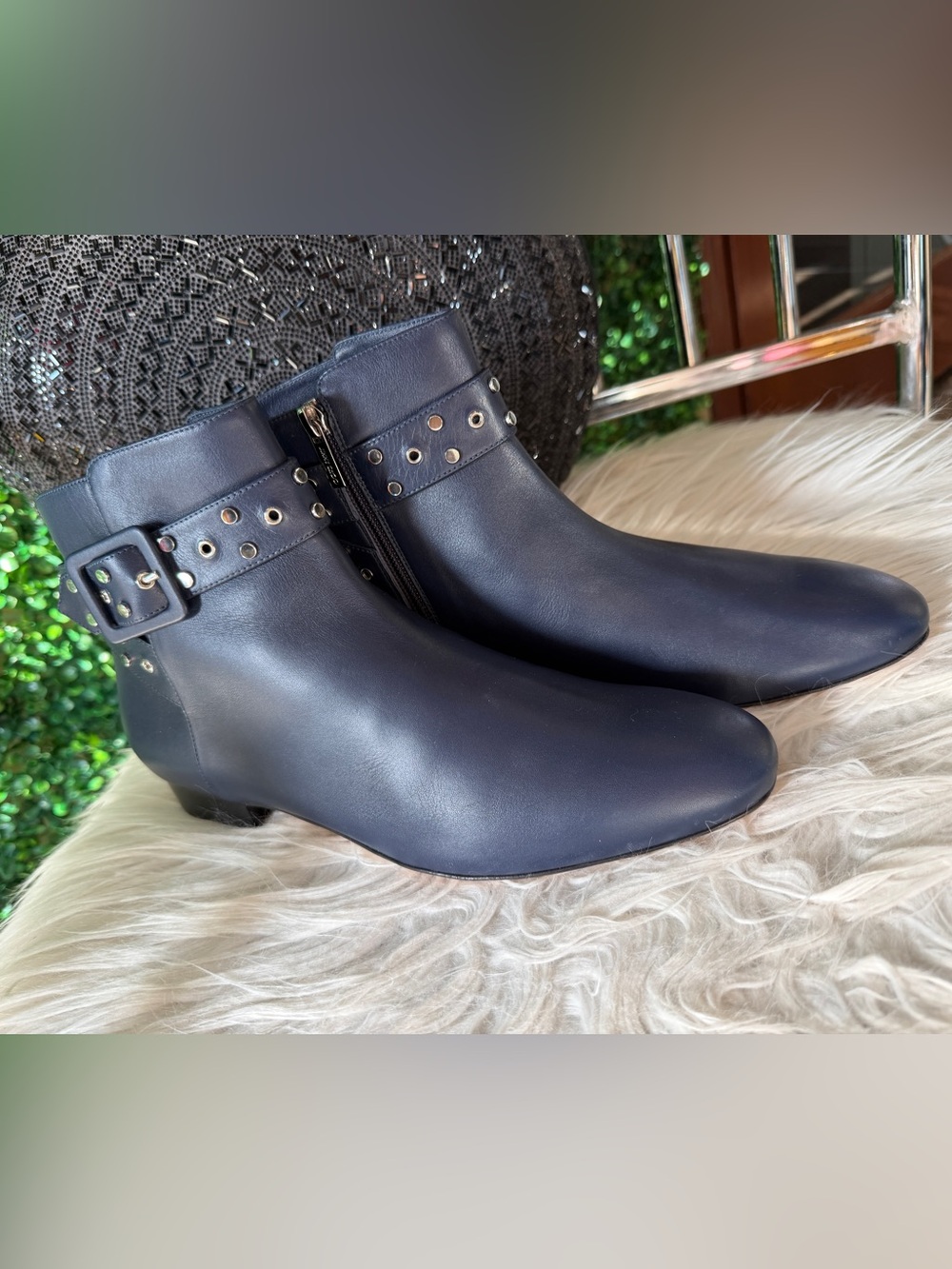 New JIMMY CHOO "Hallie" dark blue studded buckle ankle strap boots